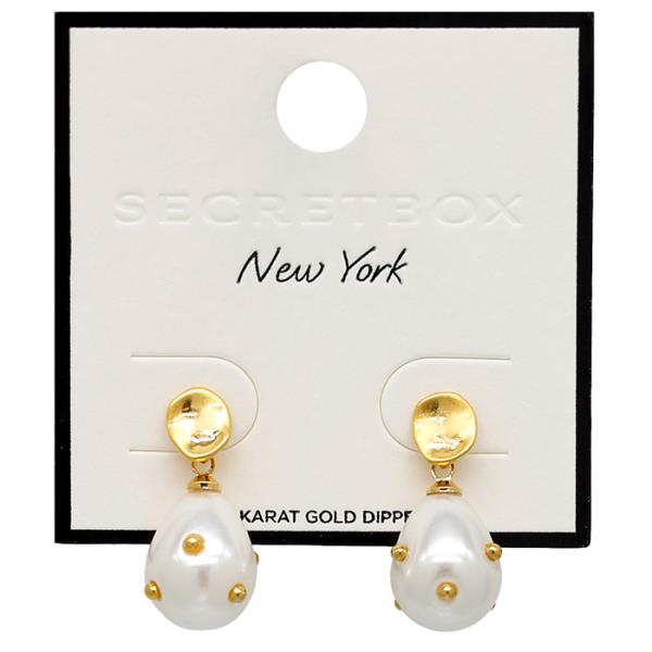 SECRET BOX 14K GOLD DIPPED PEARL BEAD METAL DISC EARRING