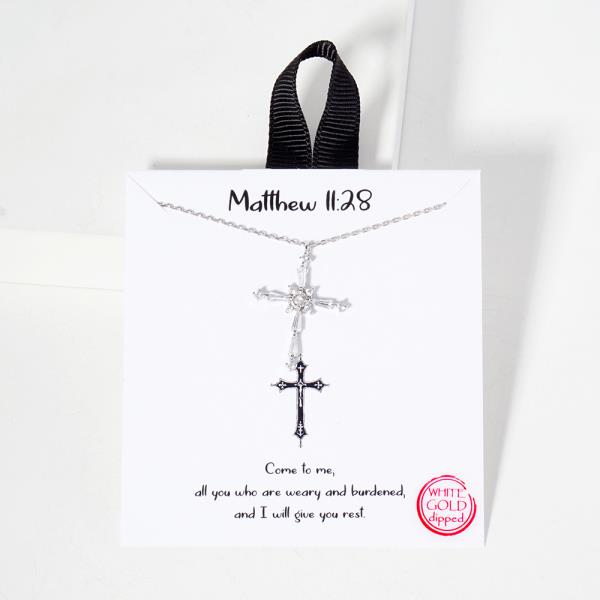 18K GOLD RHODIUM MATTHEW 11:28 CROSS NECKLACE