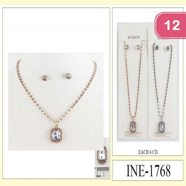 RHINESTONE RECTANGLE PENDANT NECKLACE EARRING SET (12 UNITS)