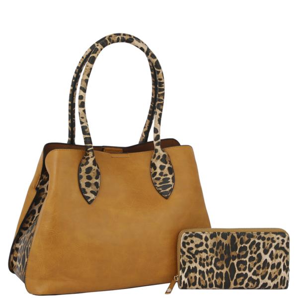 (ONLINE ONLY) 2in1 leopard accented handle satchel bag w wallet set