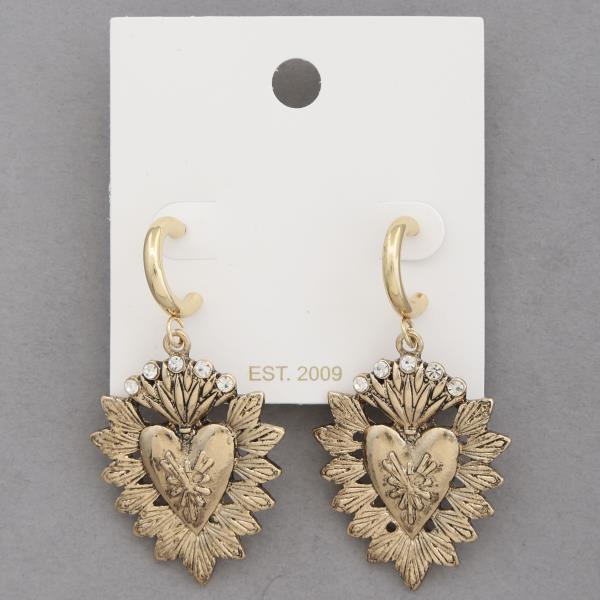 HEART RHINESTONE METAL DANGLE EARRING
