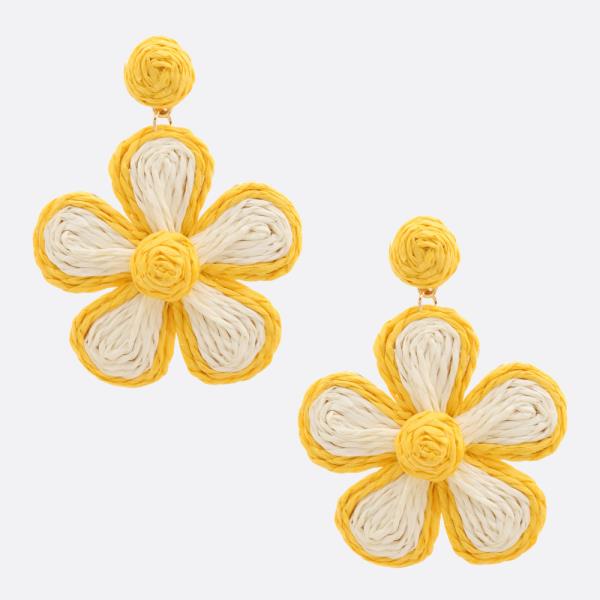 RAFFIA TWO TONE TWINE FLOWER DANGLE EARRING
