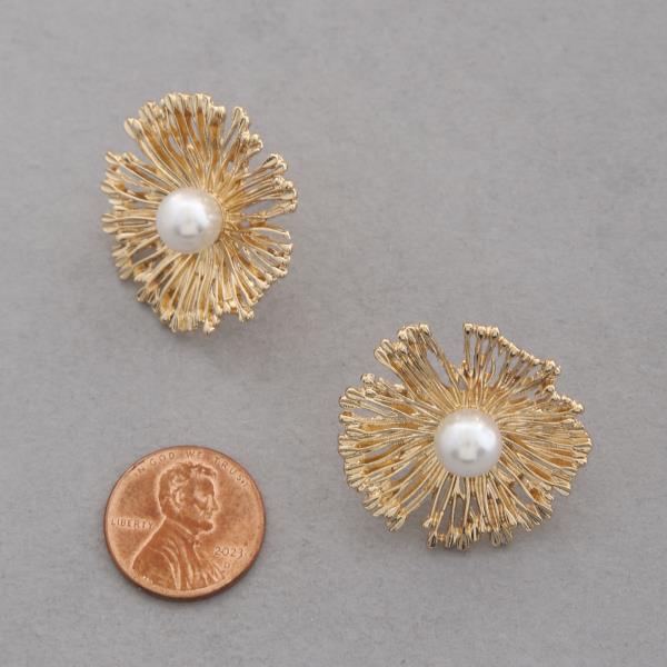 FLOWER PEARL BEAD METAL EARRING