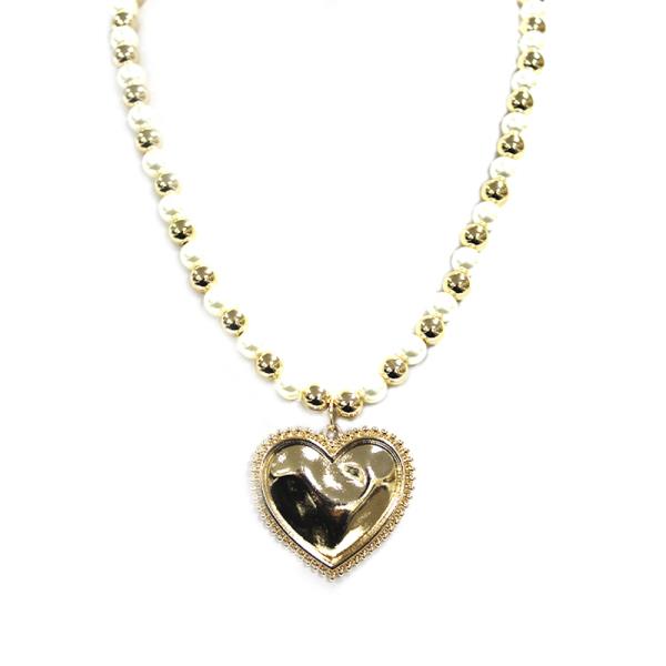 PEARL METAL HEART PENDANT NECKLACE