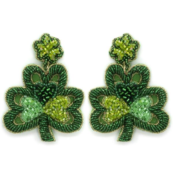 SAINT PATRICK`S DAY SEED BEAD CLOVER DANGLE EARRING