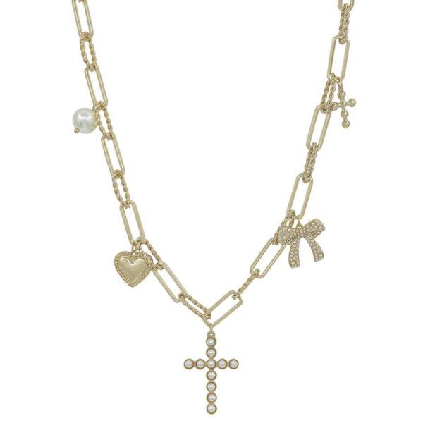 MULTI CHARMS PEARL CROSS,  RIBBON, HEART SHORT NECKLACE