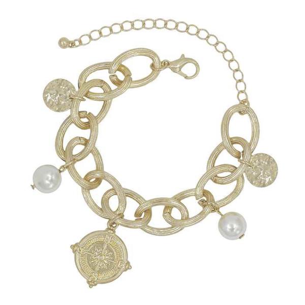 CHUNKY METAL CHAIN WITH COIN, PEARL, ROUND CHARMS BRACELET