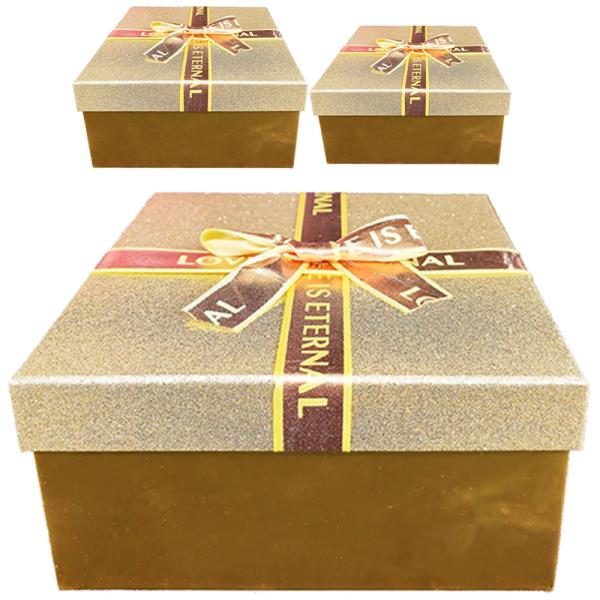 SQUARE GLITTER GIFT BOX WITH RIBBON BOW ACCENT 3 PC SET