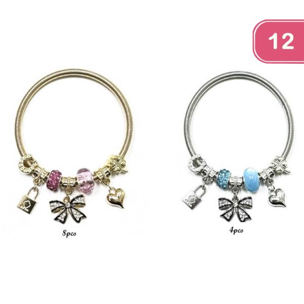 METAL RIBBON MULTI CHARM BANGLE BRACELET (12 UNITS)