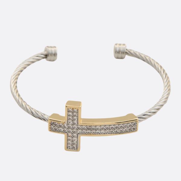 CROSS RHINESTONE TWO TONE CUFF BRACELET