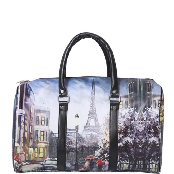 FAUX LEATHER PARIS PRINT CARRY ON TOTE TRAVEL LUGGAGE HANDBAG