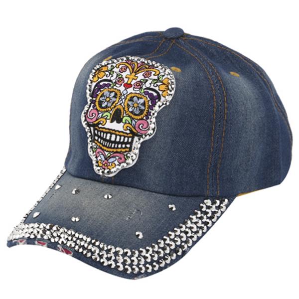 SUGAR SKULL DENIM FASHION RHINESTONE CAP