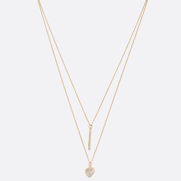 SODAJO CZ DAINTY HEART METAL BAR LAYERED GOLD DIPPED NECKLACE