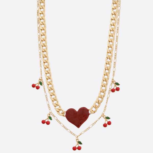 SDJ HEART PENDANT CHERRY CHARM LAYERED METAL NECKLACE