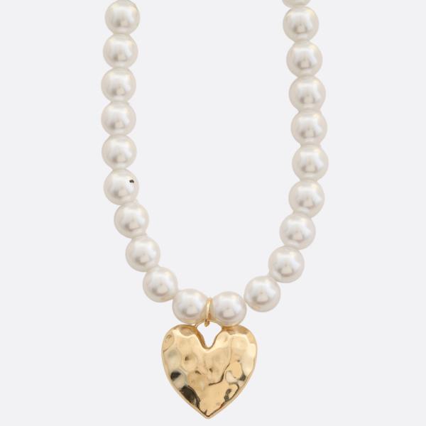 SDJ HAMMERED METAL HEART PEARL BEAD NECKLACE