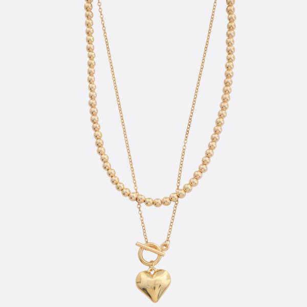 SDJ PUFFY HEART PENDANT BALL BEAD LAYERED NECKLACE