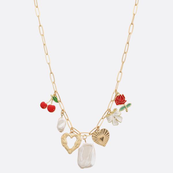 SDJ PEARL ROSE MULTI CHARM OVAL LINK NECKLACE