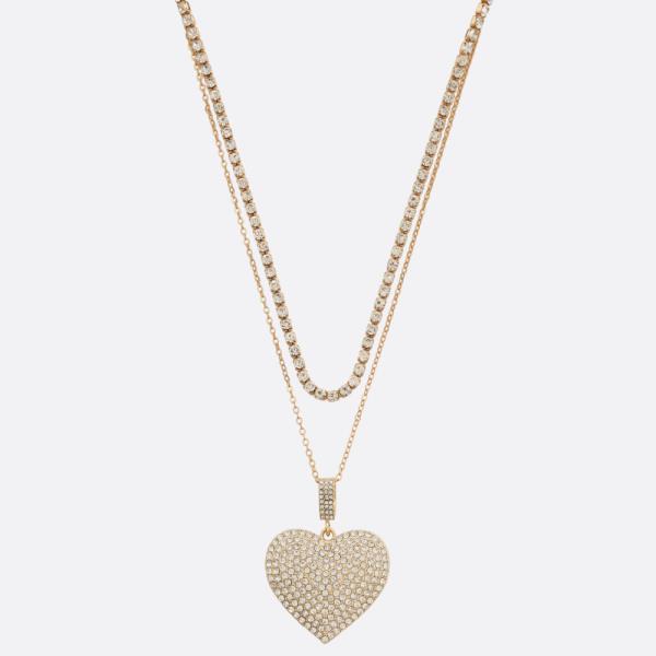 SDJ RHINESTONE HEART PENDANT LAYERED METAL NECKLACE