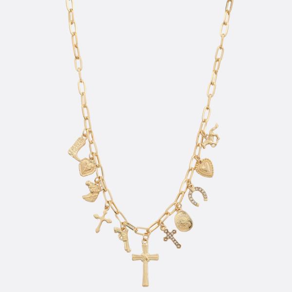 SDJ CROSS MULTI CHARM OVAL LINK METAL NECKLACE