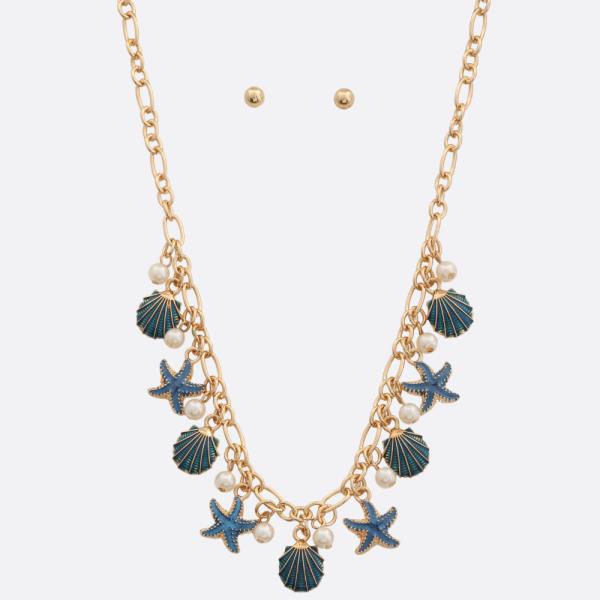 STARFISH SEASHELL PEARL BEAD STATION NECKLACE
