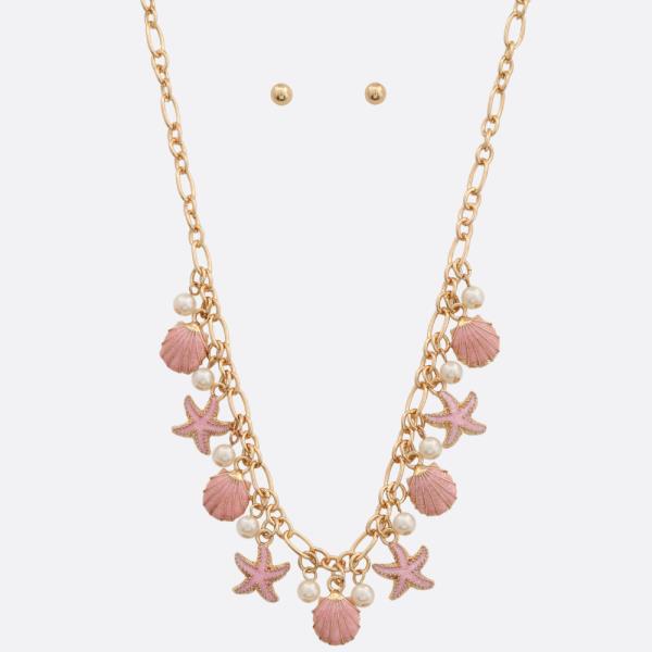 STARFISH SEASHELL PEARL BEAD STATION NECKLACE