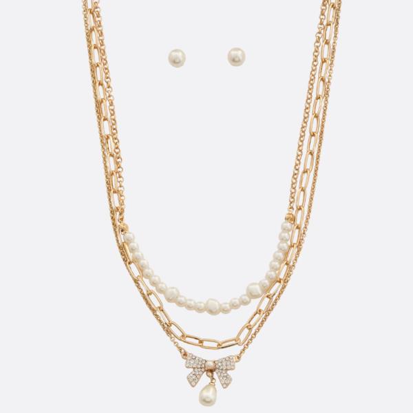 RHINESTONE BOW PEARL BEAD OVAL LINK LAYERED NECKLACE