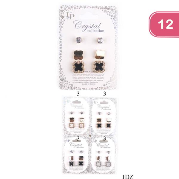 RHINESTONE POST EARRING 3 PAIR SET (12 UNITS)