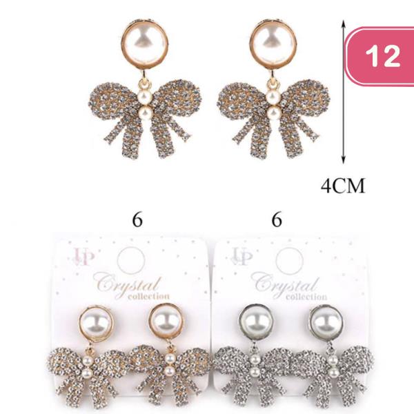 RIBBON PEARL RHINESTONE DANGLE EARRING (12 UNITS)