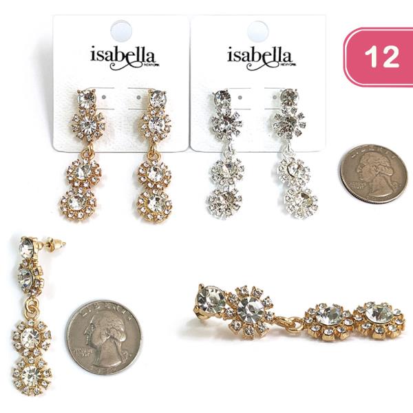 ROUND FLOWER TIERED RHINESTONE DANGLE EARRING (12 UNITS)