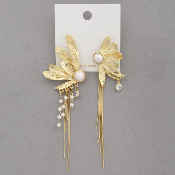 PEARL BEAD FLOWER METAL DANGLE EARRING