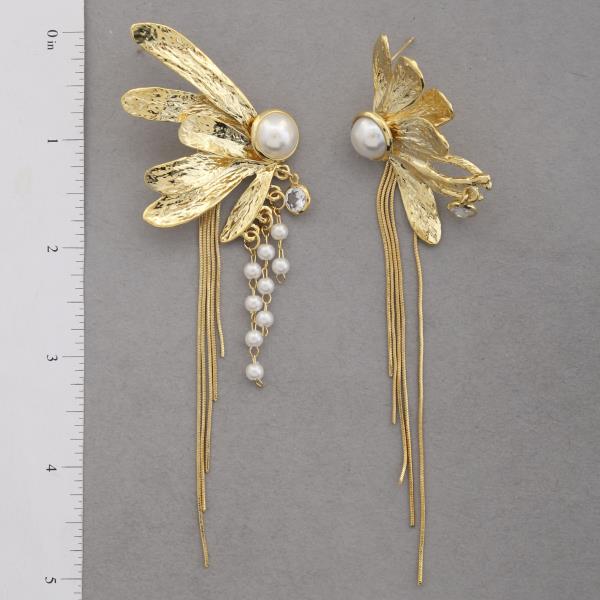 PEARL BEAD FLOWER METAL DANGLE EARRING