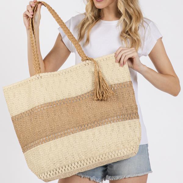 TWO TONE WOVEN STRAW BAG