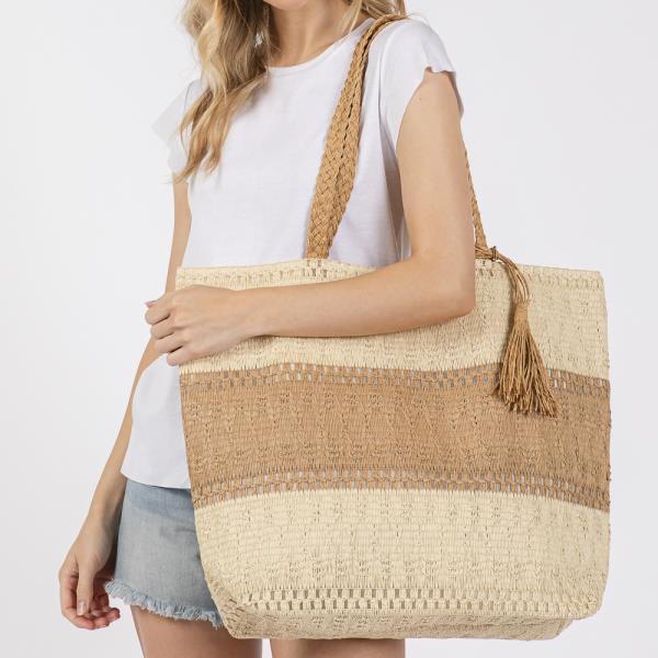 TWO TONE WOVEN STRAW BAG