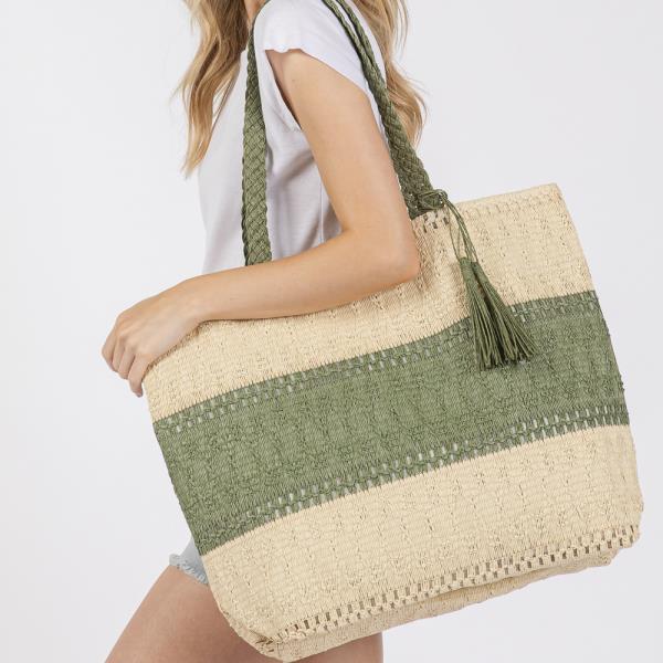 TWO TONE WOVEN STRAW BAG