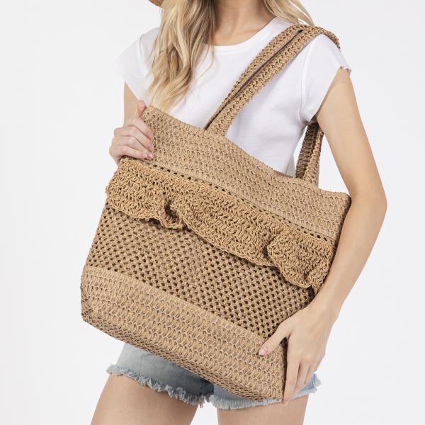 RUFFLE DETAIL CROCHET STRAW BAG