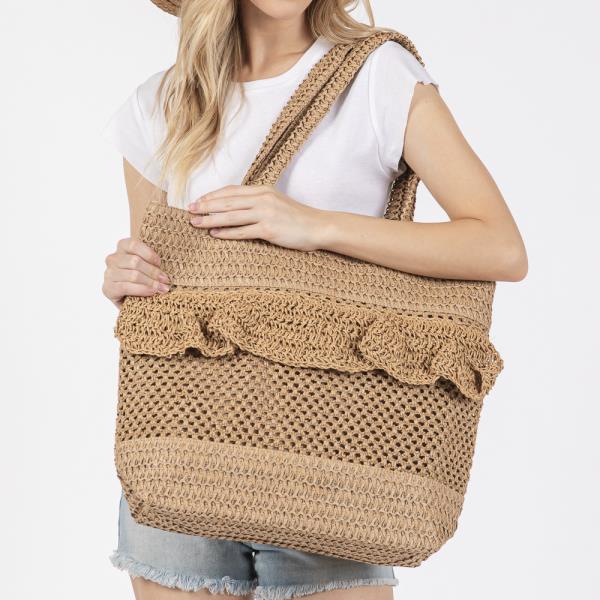 RUFFLE DETAIL CROCHET STRAW BAG