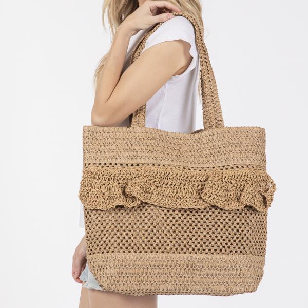 RUFFLE DETAIL CROCHET STRAW BAG