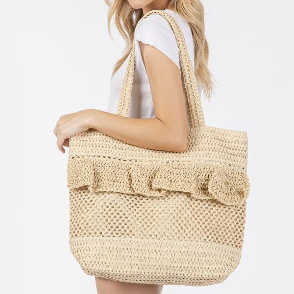 RUFFLE DETAIL CROCHET STRAW BAG