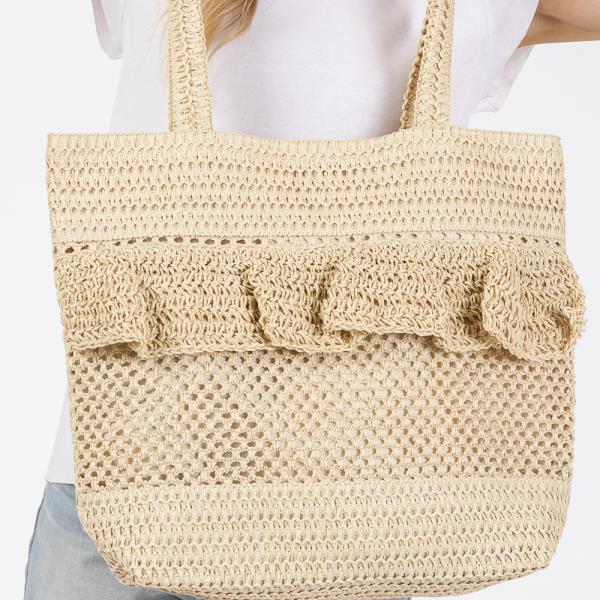 RUFFLE DETAIL CROCHET STRAW BAG
