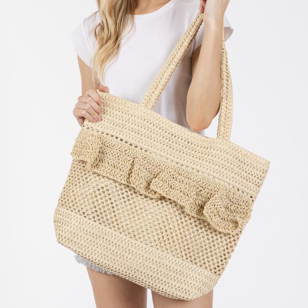 RUFFLE DETAIL CROCHET STRAW BAG