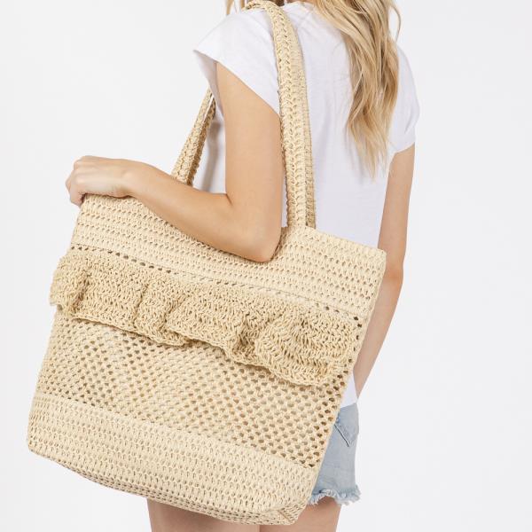 RUFFLE DETAIL CROCHET STRAW BAG