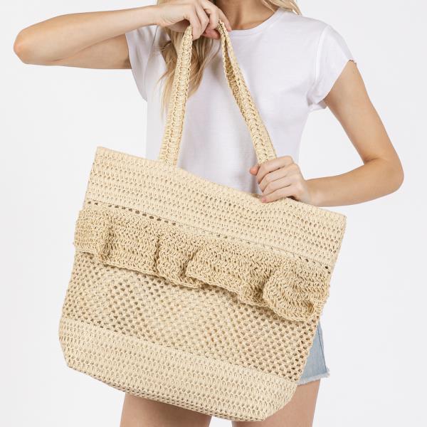 RUFFLE DETAIL CROCHET STRAW BAG