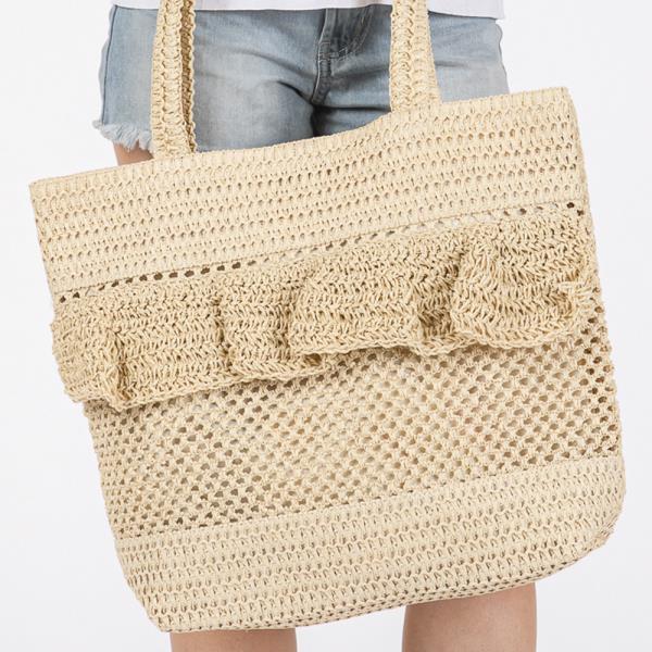 RUFFLE DETAIL CROCHET STRAW BAG