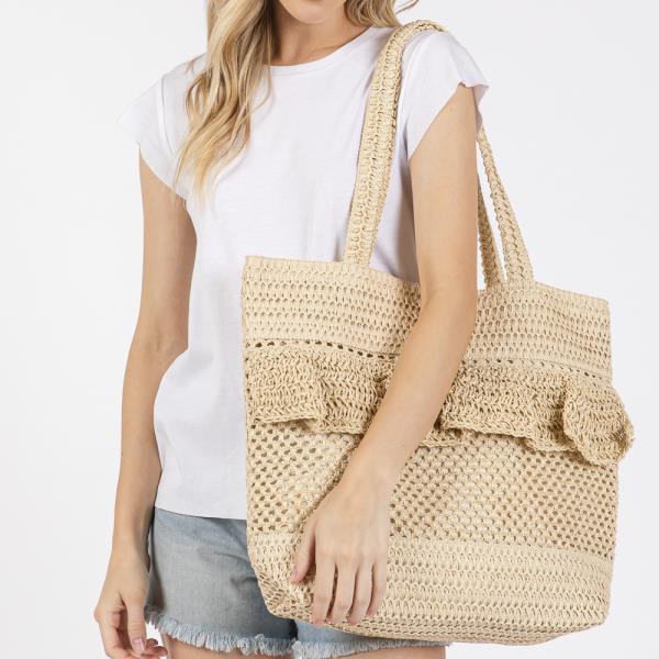 RUFFLE DETAIL CROCHET STRAW BAG