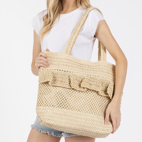 RUFFLE DETAIL CROCHET STRAW BAG