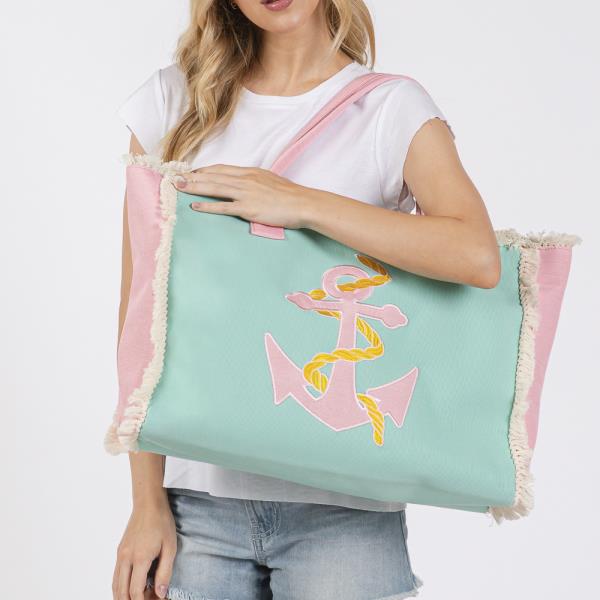 EMBROIDERED ANCHOR PATCH FRINGE TOTE BAG