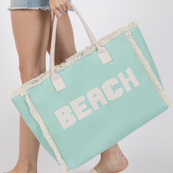 EMBROIDERED BEACH LETTER FRINGE TOTE BAG