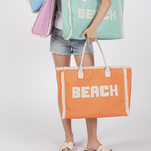 EMBROIDERED BEACH LETTER FRINGE TOTE BAG