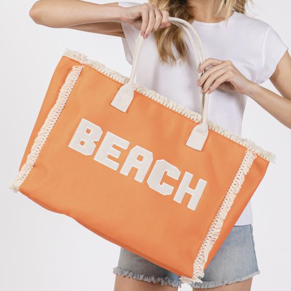 EMBROIDERED BEACH LETTER FRINGE TOTE BAG