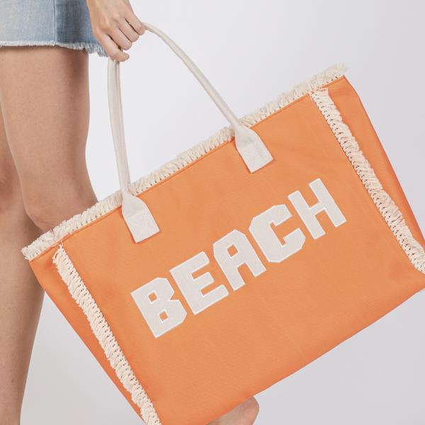 EMBROIDERED BEACH LETTER FRINGE TOTE BAG